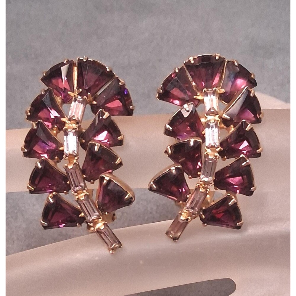 Vintage Purple Rhinestone Earrings Triangle Stones Layered Tiered